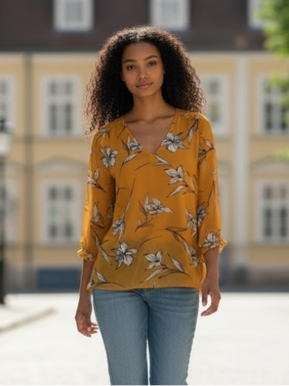 A new day Mustard Floral Long Sleeve Blouse size medium